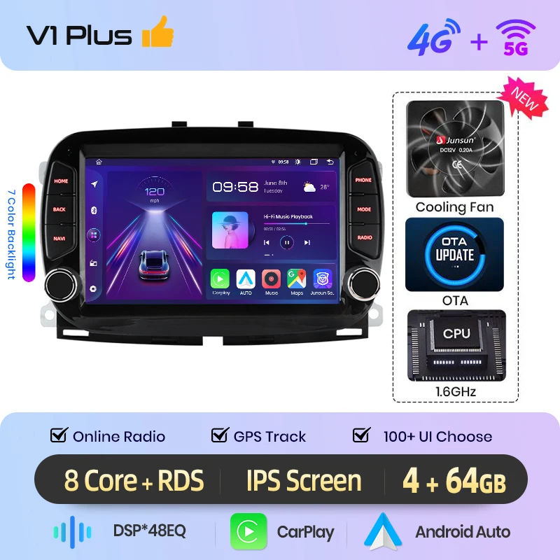 Junsun 7 "Draadloze CarPlay Android Auto Radio voor Fiat 500 2016 2017 2018 2019 GPS Stereo Multimedia WiFi 4G 8core RDS