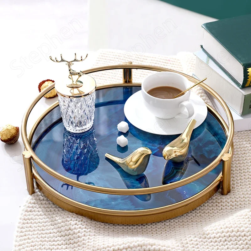 Metal Agate Texture Trays Decorative Nordic Modern Golden Handle Large Coffee Table Tray Home Tea Cup Wine Set Dispaly Plate