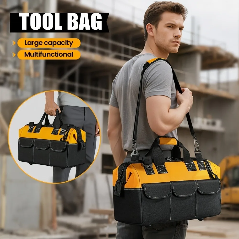 Heavy-duty tool bag, electrician’s tool bag, large-capacity multi-compartment tool organizer, household repair tool storage case, garage storage bag; features a dual-zipper design and an adjustable shoulder strap—ideal for various tools, electricians, car