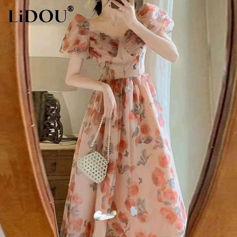 Summer New V-neck Puff Sleeve Maxi Dress Women Chic Floral Printing Youth Sweet Princess Dresses Vintage Elegant Lace Vestidos