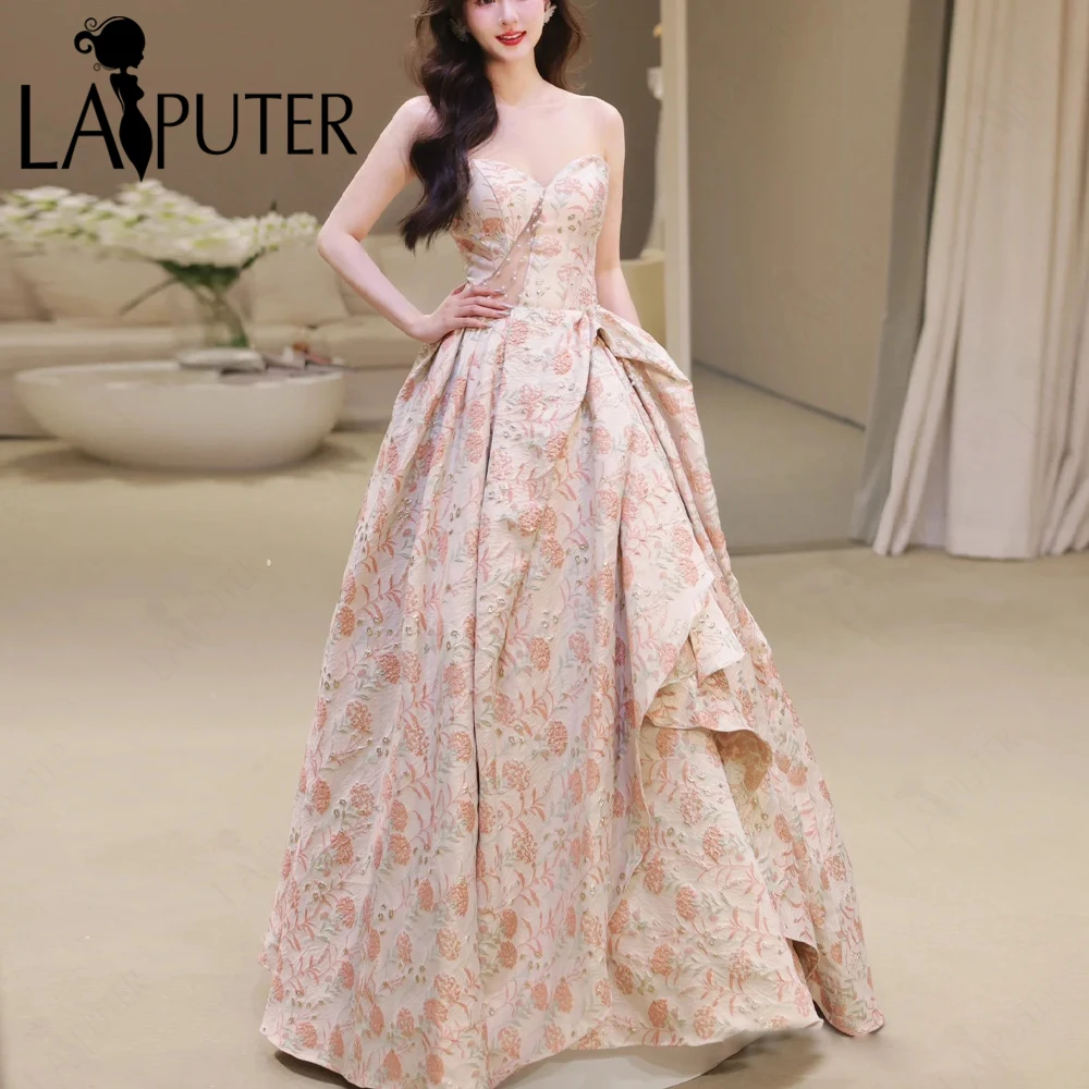 

Jacquard Satin A line Evening Dresses Pink Flowers Off Shoulder Prom Gowns Draped Pearls Bead Party Formal Dress