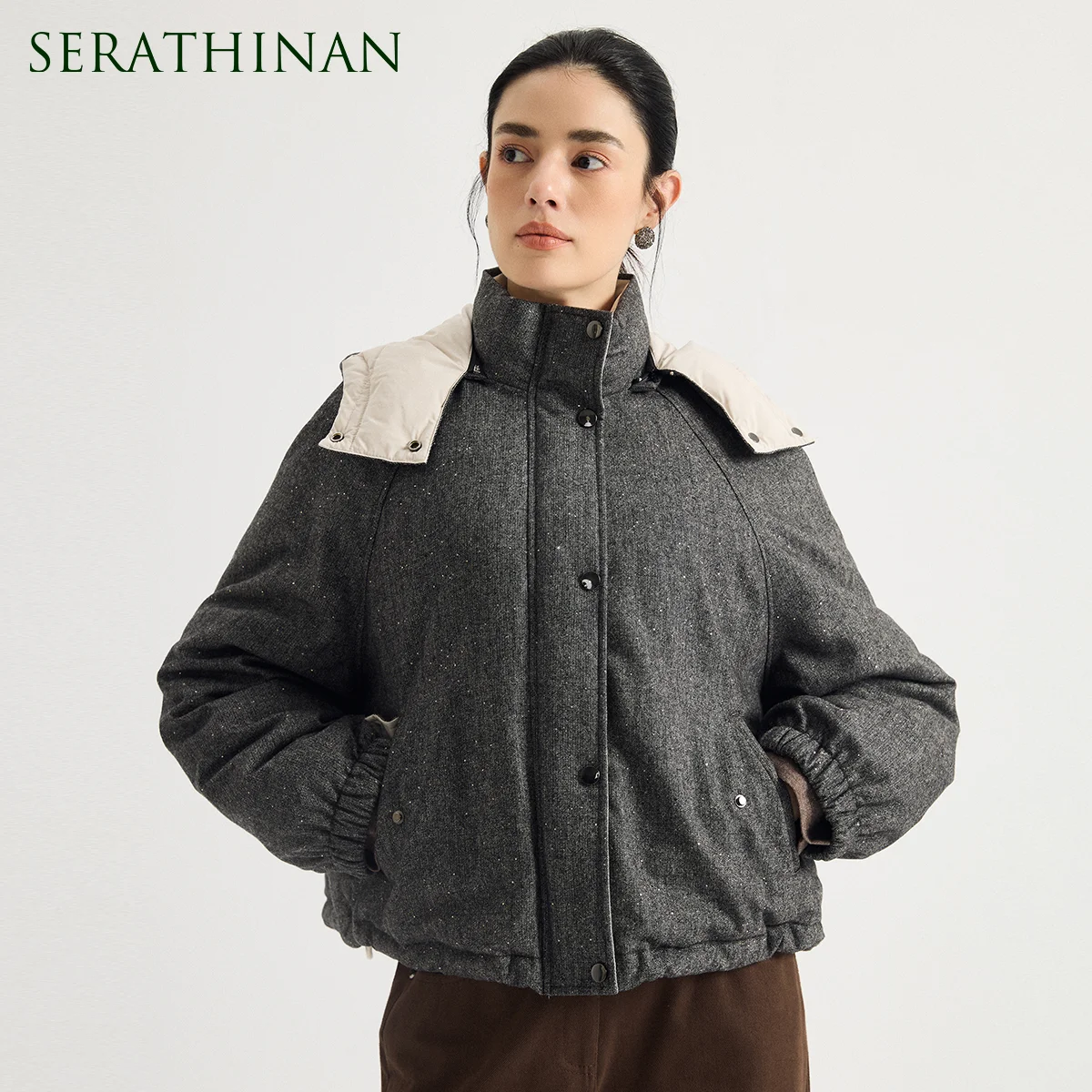 KL7623948 Wool Cashmere Blend Goose Down Jacket for Women's Sequin Detachable Hood Stand Collar Timeless Quiet Luxury Fall