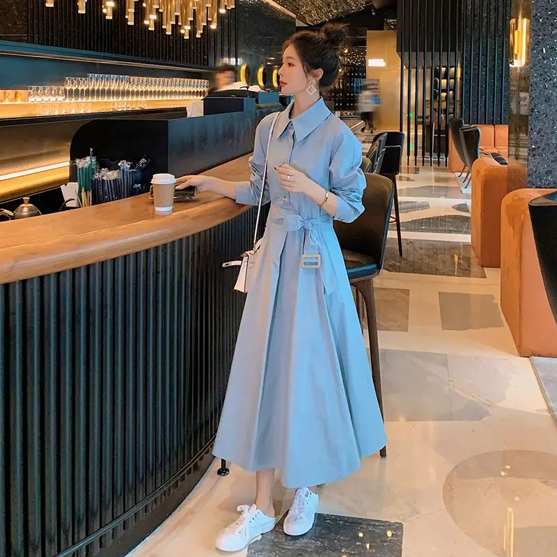 เสื้อเชิ้ตเดรสแขนยาวสีน้ำเงิน คอปกโปโล สำหรับผู้หญิง ดีไซน์เก๋ไก๋ สวยสง่า เหมาะสำหรับฤดูใบไม้ร่วงและฤดูหนาว คุณภาพสูง หรูหรา