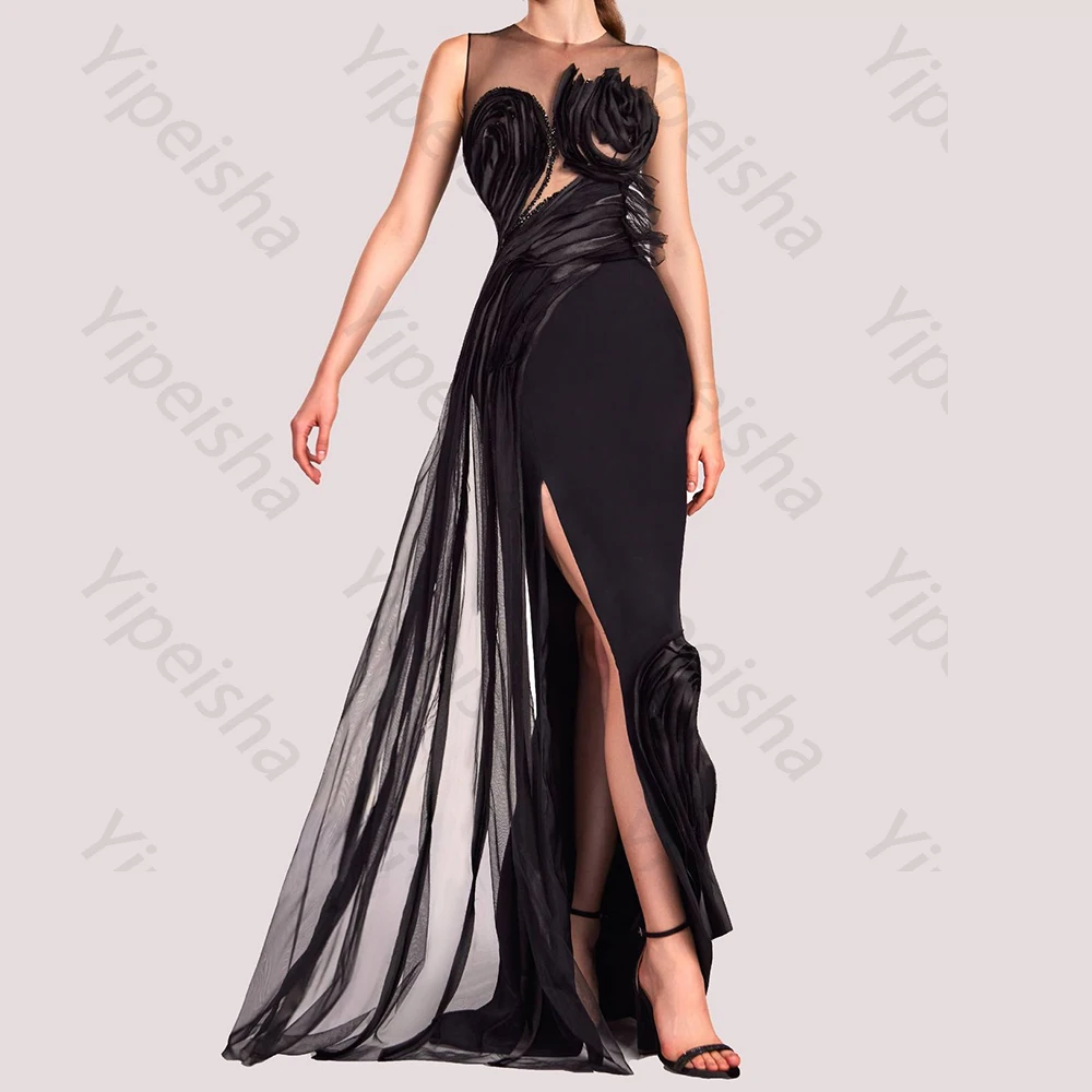 

High Quality Customized Straight Cap Sleeve Sequined Evening Dresses O-neck Side Slit Floor Length Sleeveless Panel Train Blac