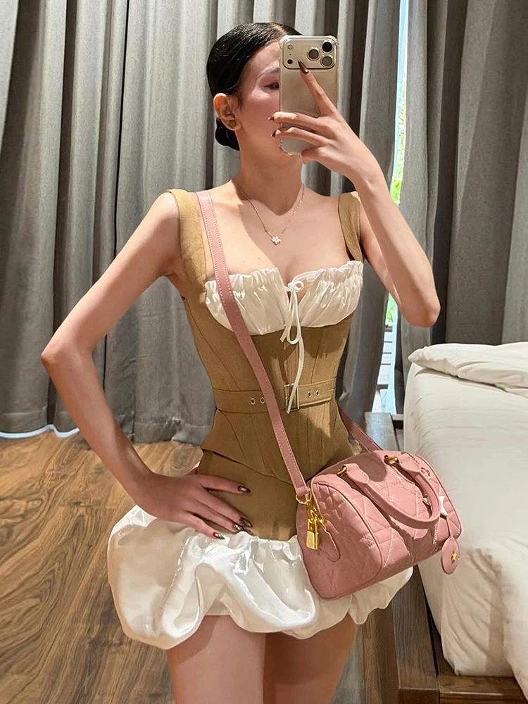 Weird Puss Patchwork 2-Piece Set Women Bandage Low-Neck Fake Fish Bone Belt Decoration Vest+Puffy Hem Skirt Fashion Sweet Suit
