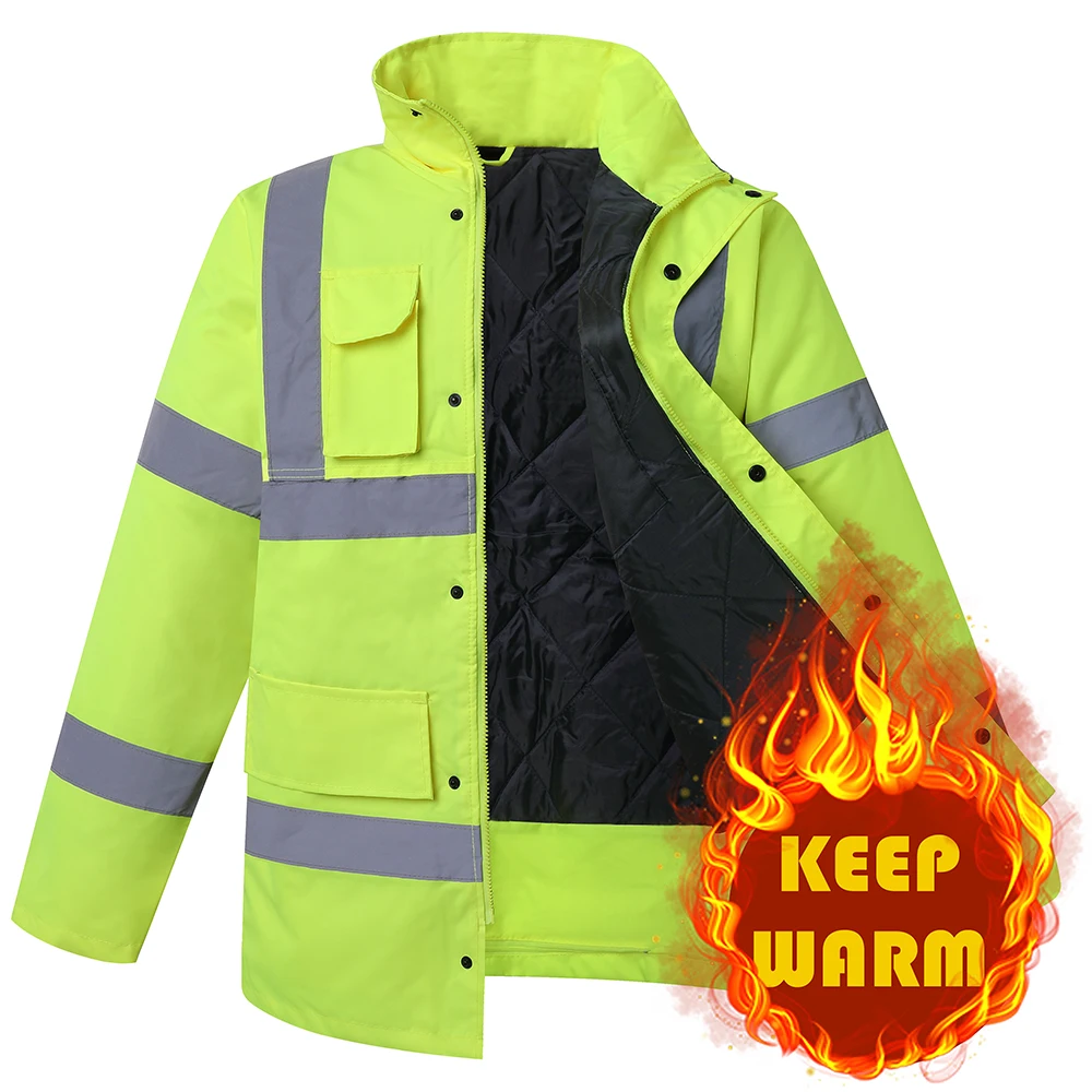 Jaket Parka Pria Baju Dewasa Musim Dingin Hangat Mantel Reflektif Jaket Kerja Hi Vis dengan Jaket Tahan Air Multi Saku Pria