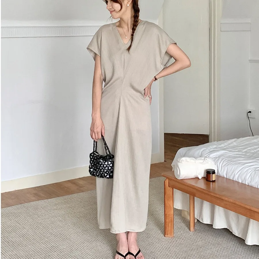 

Ретро-японское хлопково-льняное платье с открытыми плечами, женское, большого размера, с V-образным вырезом, приталенное, длинное, летнее