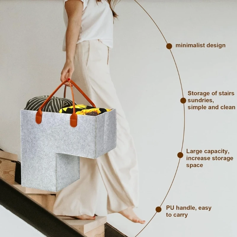 Panier Escalier En Feutre Avec Poignée Cuir - Rangement Et Décoration Intérieur Forme L