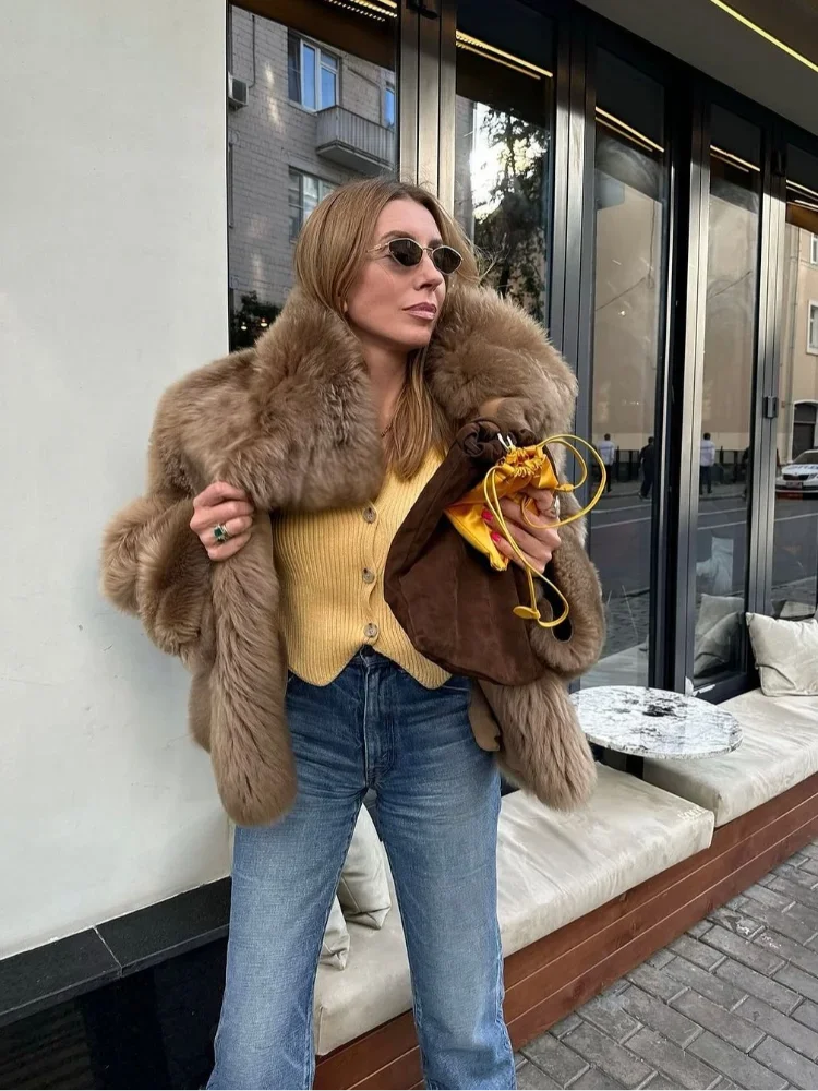 Women Fashion Solid Thicken Faux Fur Coat Elegant Lapel Long Sleeve Cropped Jackets 2024 Winter Female Casual Street Outerwear