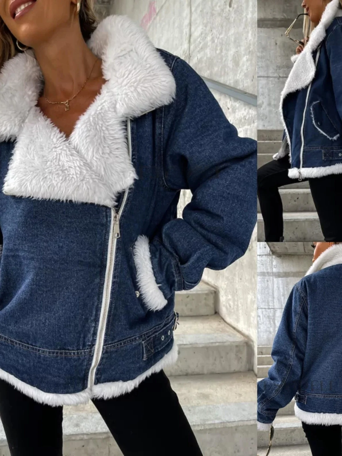 

Lamb Wool Denim Jaet Autumn Winter Fce Collar Street Sle Zipper Closure Long Sve Cotton Straight Cut Coat