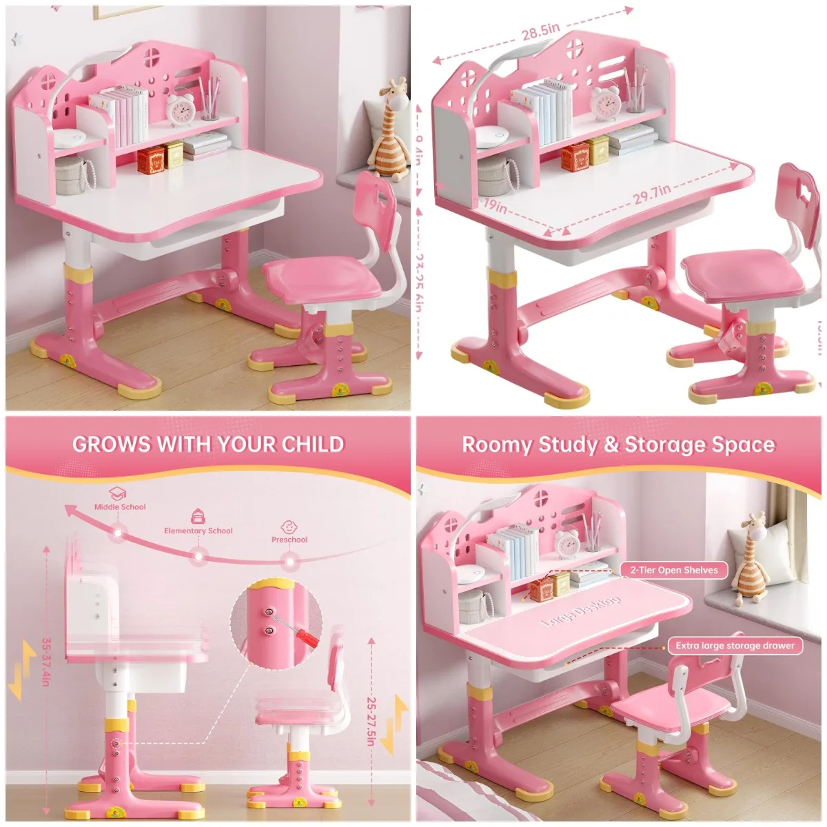 

Height Adjustable Kids Desk & Chair Set with Bookstand, Storage Drawer, Widened Desktop for Boys & Girls