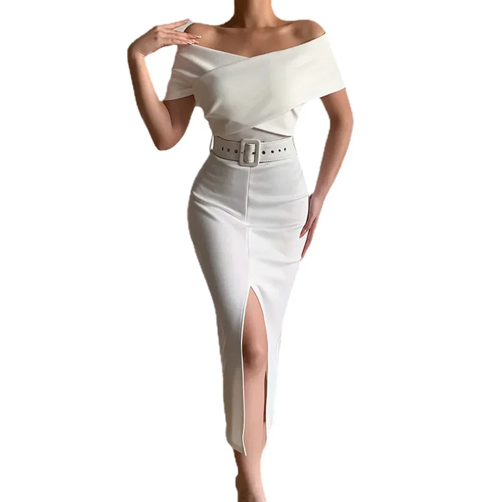 Women Off Shoulder Short Sleeve High Waist Solid Color Slim Bodycon Dress Split Sexy with Belt