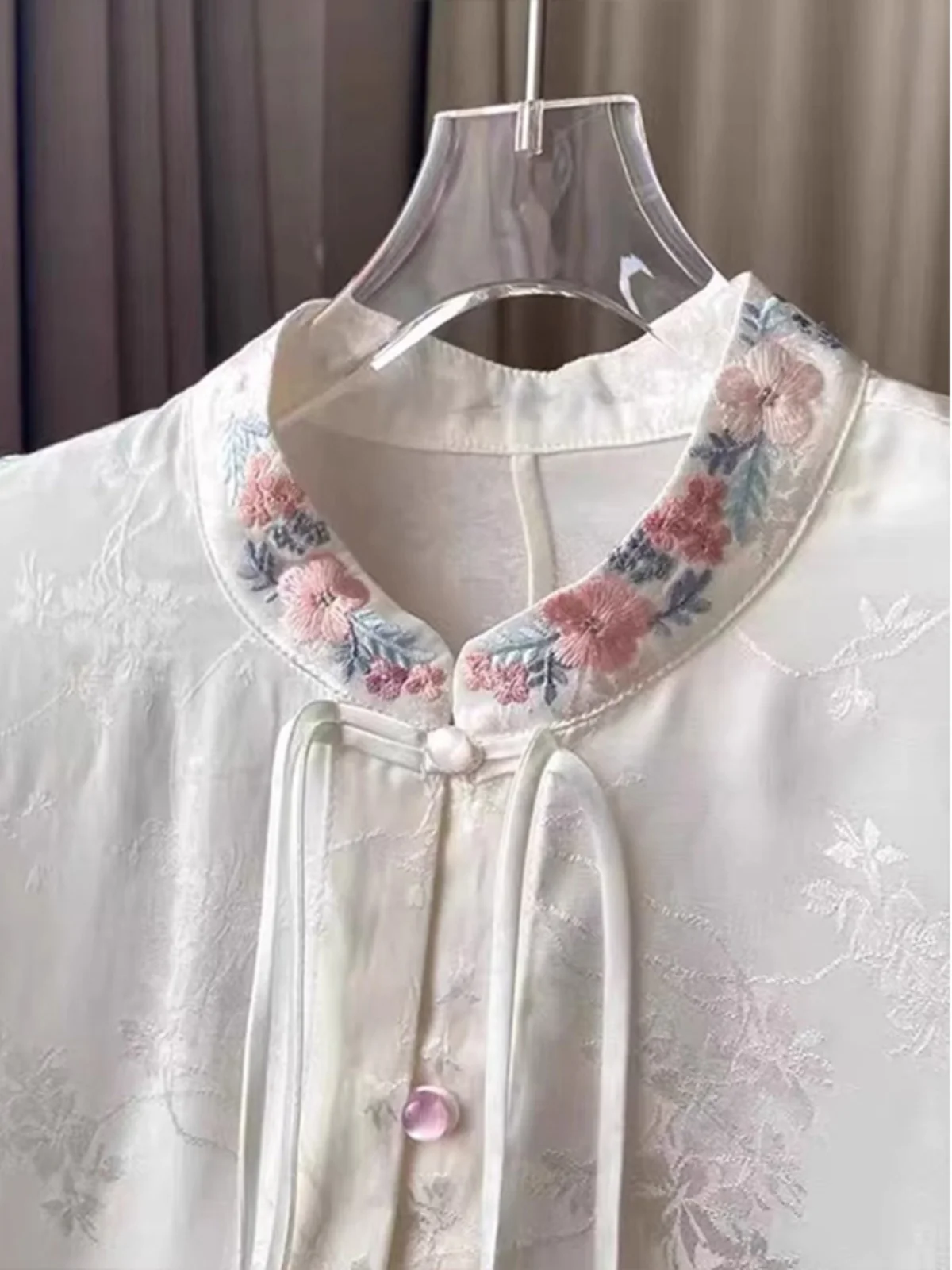 Ele White مطرزة الوقوف طوق irt المرأة ربيع الخريف عالية Faion ريترو Zen Sle زر حتى الصينية التقليدية... #2