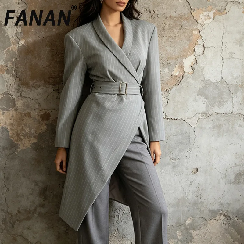 FANAN Women Pinstripe Wrap Long Blazer With Matching Belt Shawl Lapel Asymmetrical Hem Long Sleeve Suit Coat Elegant Outerwear