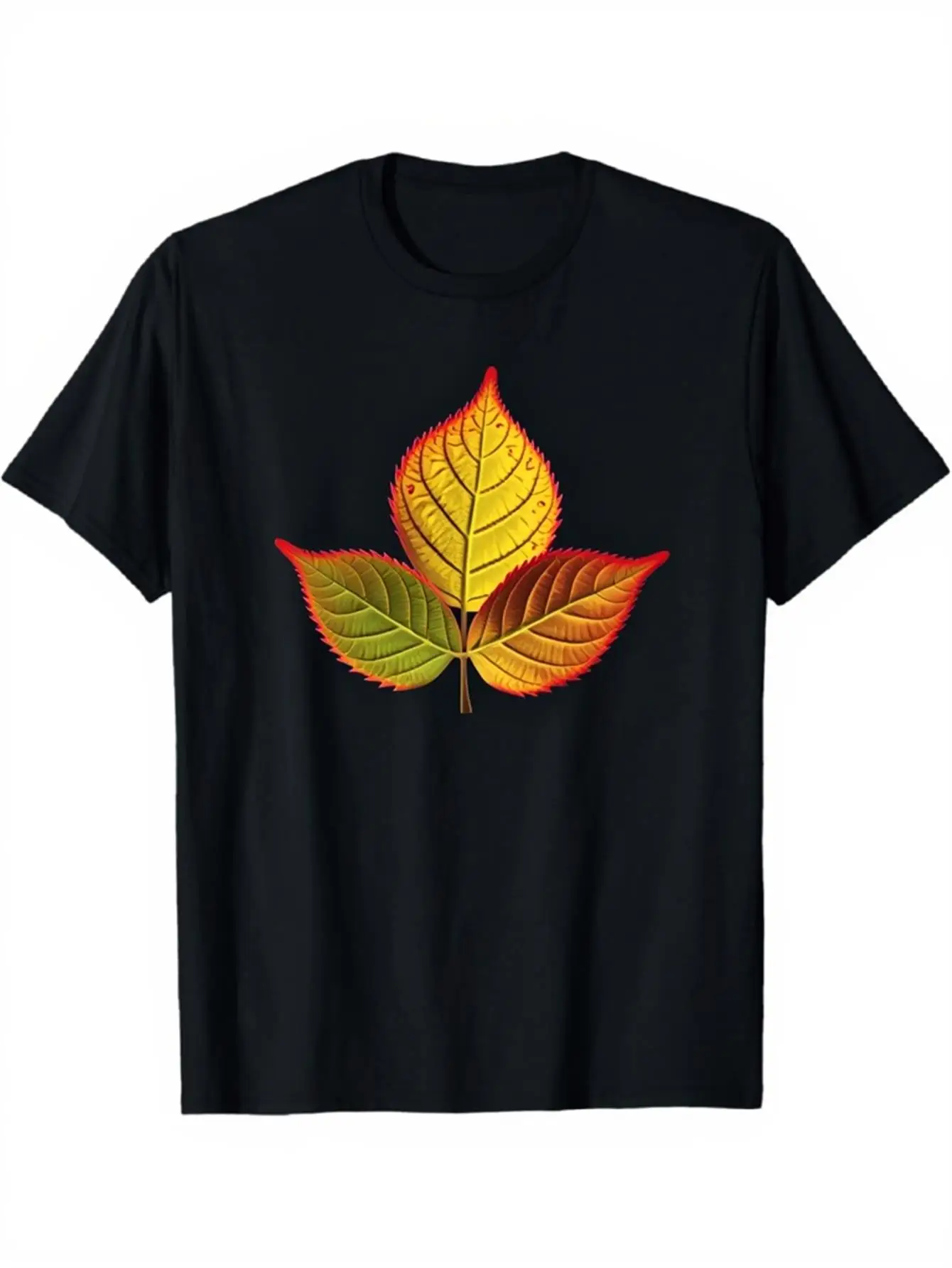 Vintage Men's Black Graphic T-Shirt Autumn Leaf Trio Red Orange Yellow Botanical Nature Illustration Print 100% Cotton Heavyweight Short Sleeve Casual Streetwear Tee