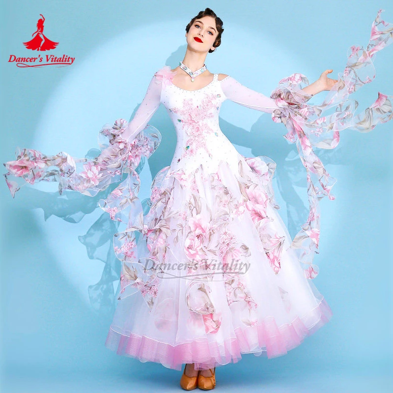 

Female Social Dance Refreshing White+Pink Long Sleeves Elegant Big Swing Dress Adult Waltz Clothing Customized Dancer's Vitality