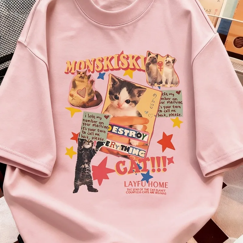 Y2K Retro Cat Poster Printed Pattern T-shirt for Both Men and Women, Summer New Casual and Fashionable T-shirt