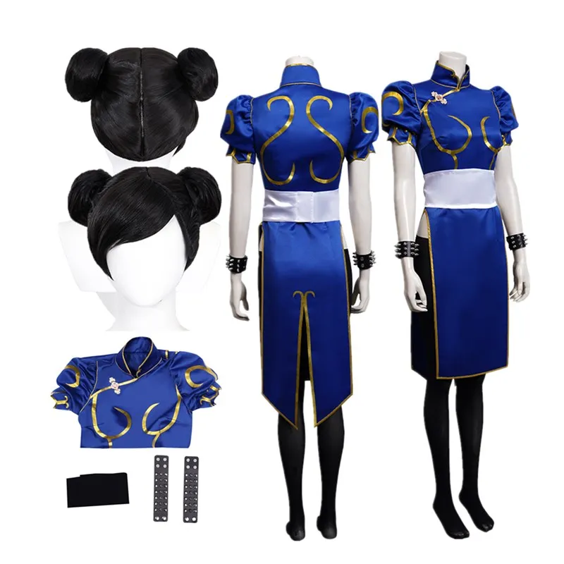 Erwachsene Fantasie Chun Li Cosplay Kostüm Frauen Cheong sam Kleid Perücke Gürtel Rollenspiel Outfits Halloween Party Karneval Anzug