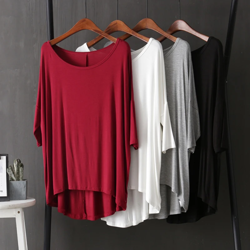 

Modal Loose Women T-shirts 2022 Summer New Solid Slash Neck Half Sleeved Loose Oversized Casual All Match Female Pulls Tops Tees