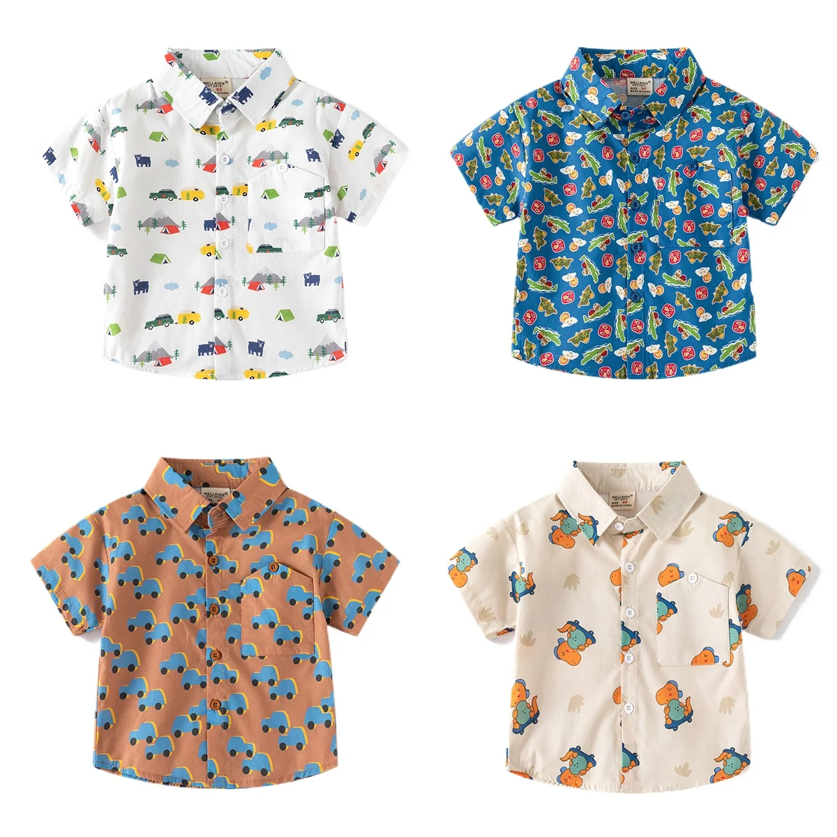 2024 Summer New Fashion Boys' Cartoon Printed Short-Sleeve Shirt, Casual Cotton Top for Children, Ages 3-8, 4 Colors Available