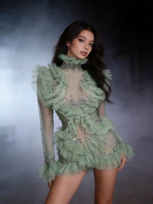 

Mo'cha Nude Mesh Base Mint Green Tulle Ruffle Dress with Ombre Rhinestone Pattern for Cabaret and Formal Parties