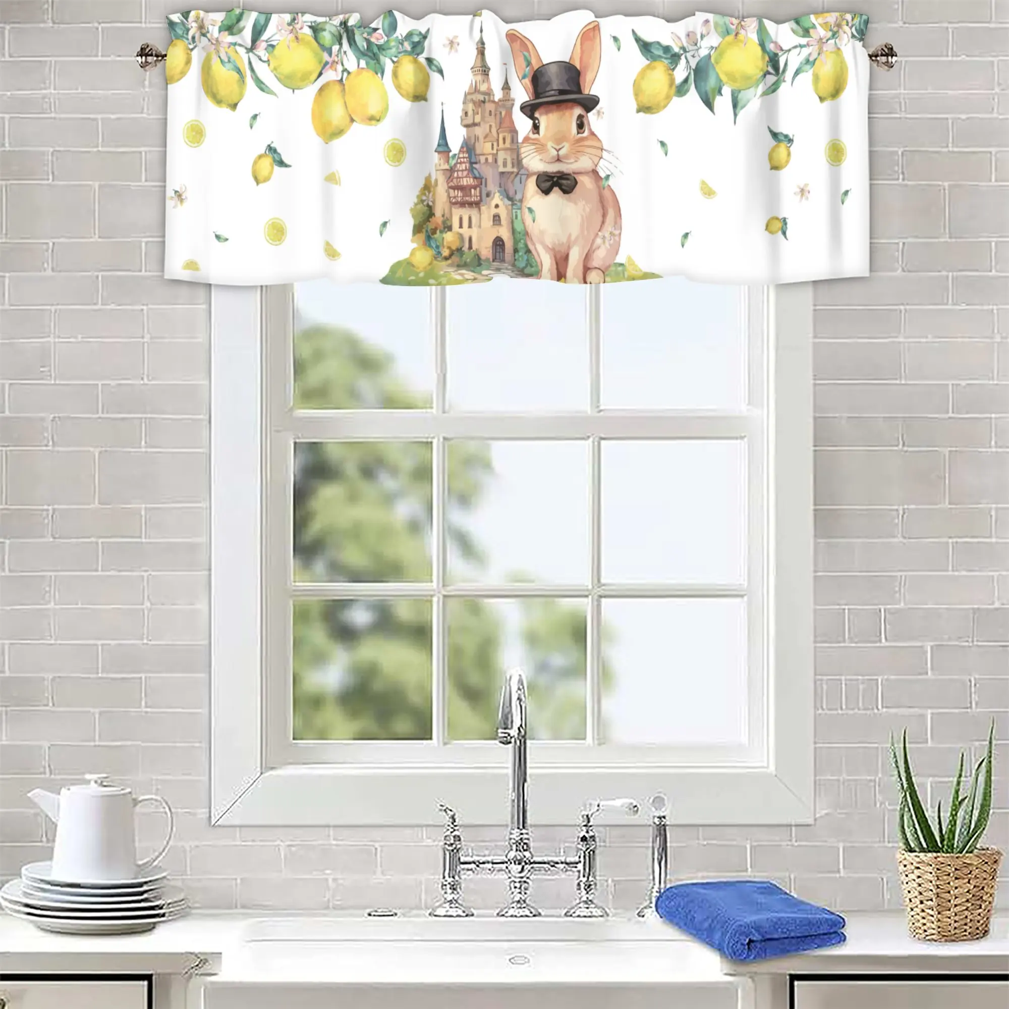 

Kitchen Curtain Valances for Windows Farmhouse Short Curtains, Plants Rabbit Watercolor Rod Pocket for Bedroom Cafe Living Room