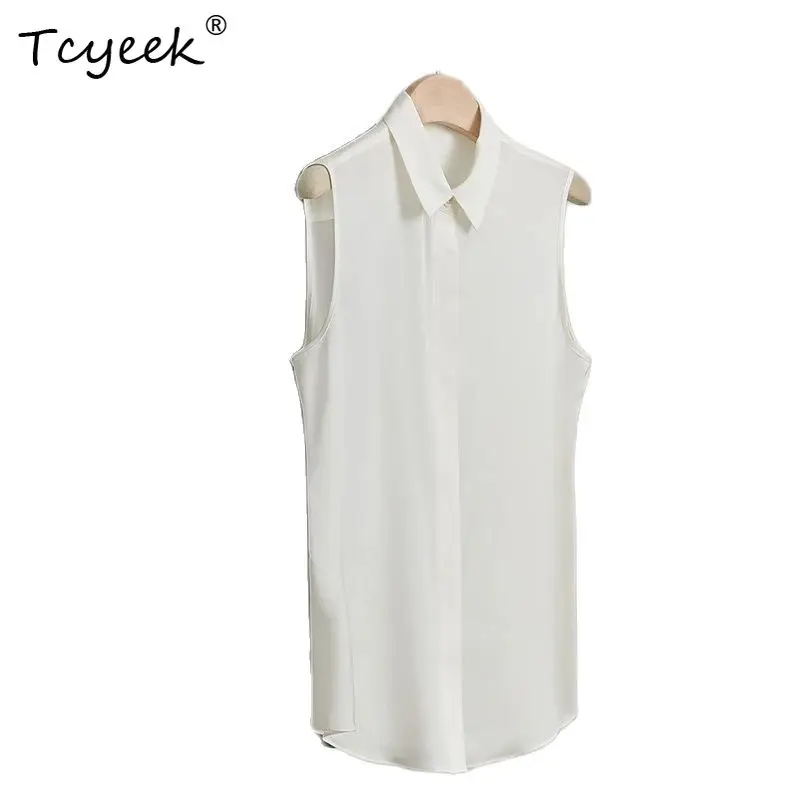 

Tcyeek, 90%Natural Silk Elegant Shirts, Women Sleeveless Solid, Commute Fashion OL Vest Blouses, 2024 Summer Autumn T48315QC