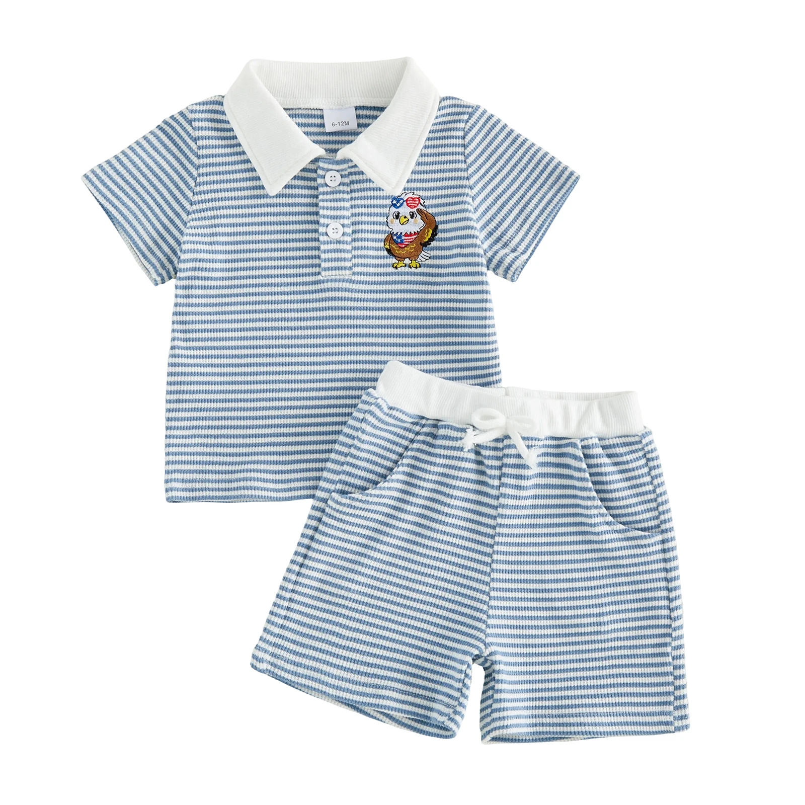 Little Boys 4th of July Outfits Adorable Bird Truck Embroidery Short Sleeve Turn Down Collar Striped Tops and Shorts Set