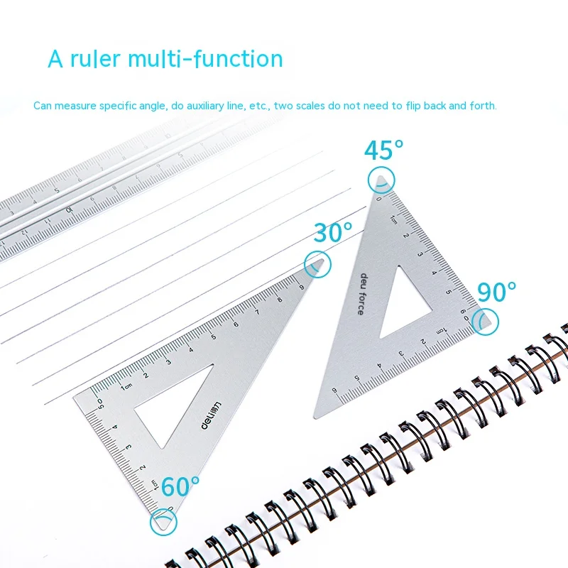 Imagem -03 - Deli Student Stationery Grupo Régua Triangular Régua Reta Grade Ângulo Ferramenta de Medição Liga de Alumínio Material Pcs por Conjunto