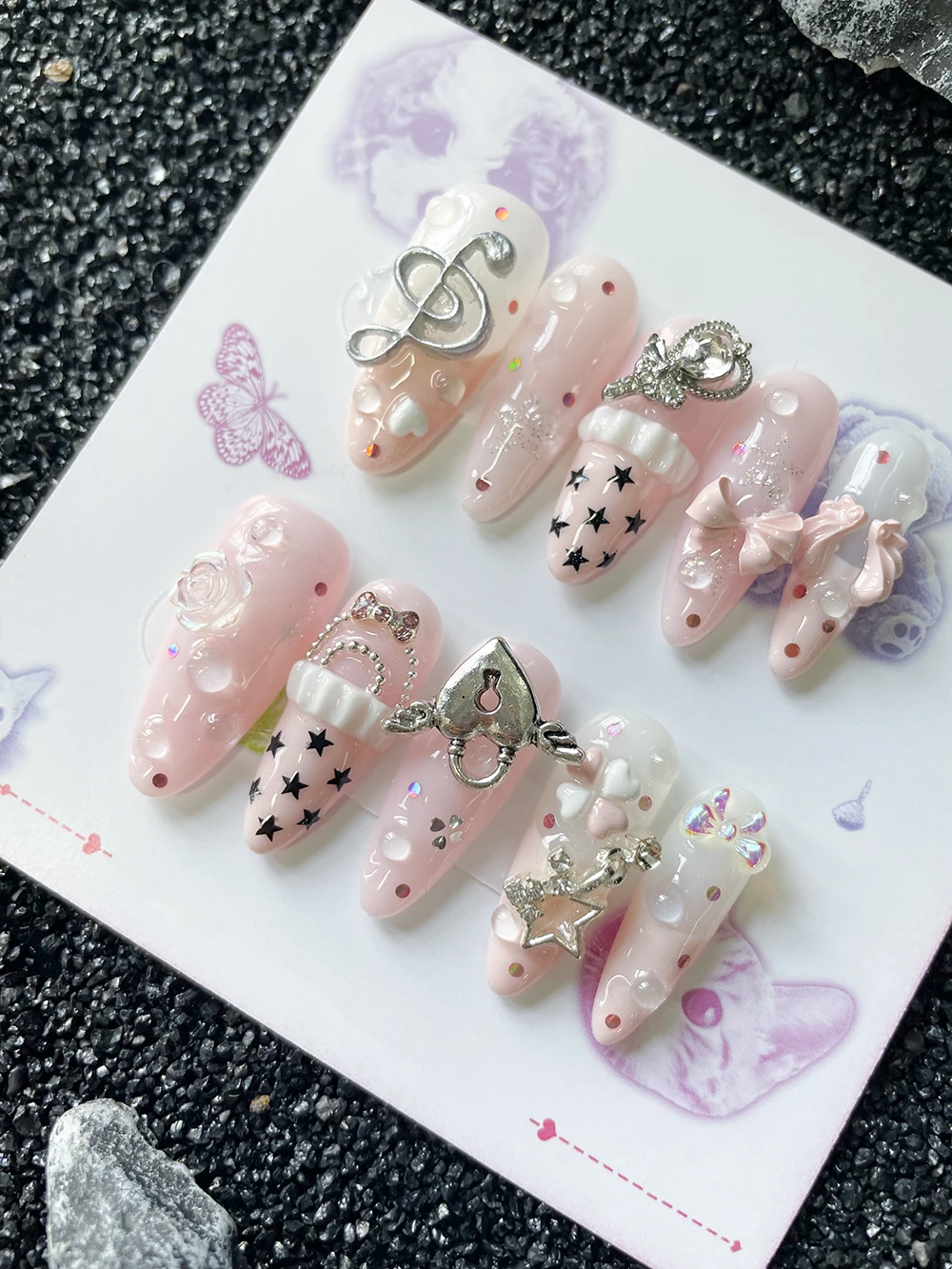 

10Pcs Handmade Pink Sweet Long Fake Nails Love Note Chain Bowknot Press On Nails Art Sticker Japan South Korea Pink Manicure