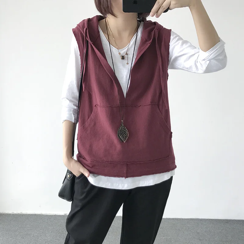 

Cotton Solid Loose Women Vest Autumn New V-Neck Pocket Casual All Match Female Pulls Outwear Coats Tops