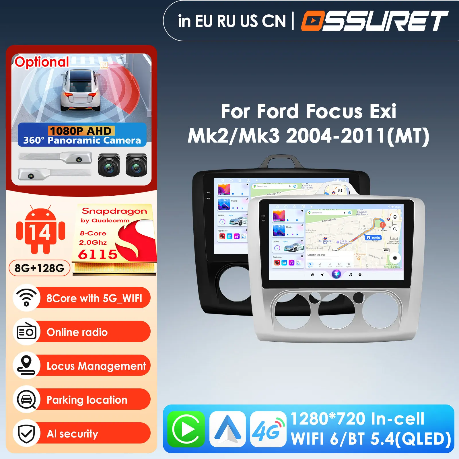 

360 Camera AI Intelligent Player Carplay Auto 4G 2 Din Android Car Radio for Ford Focus 2 3 Mk2 Mk3 2004-2011 Autoradio GPS WIFI