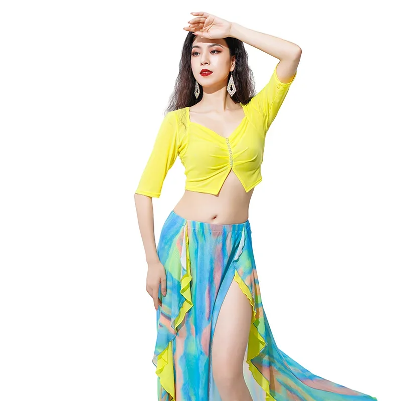 Oriental Team Dance Costume 2 Piece Set Sexy Women Bellydance Clothes Middle Sleeve Tank Top Side Slit Long Skirt Floral French