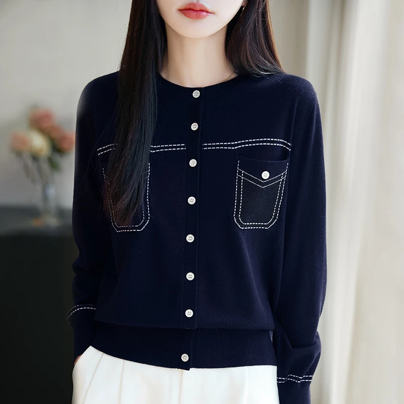 

Autumn Pocket Decoration Cardigan Women's Knitted Silk Wool Cotton Blend Sweater Round Neck Long Sleeve High-quality Basics Tops