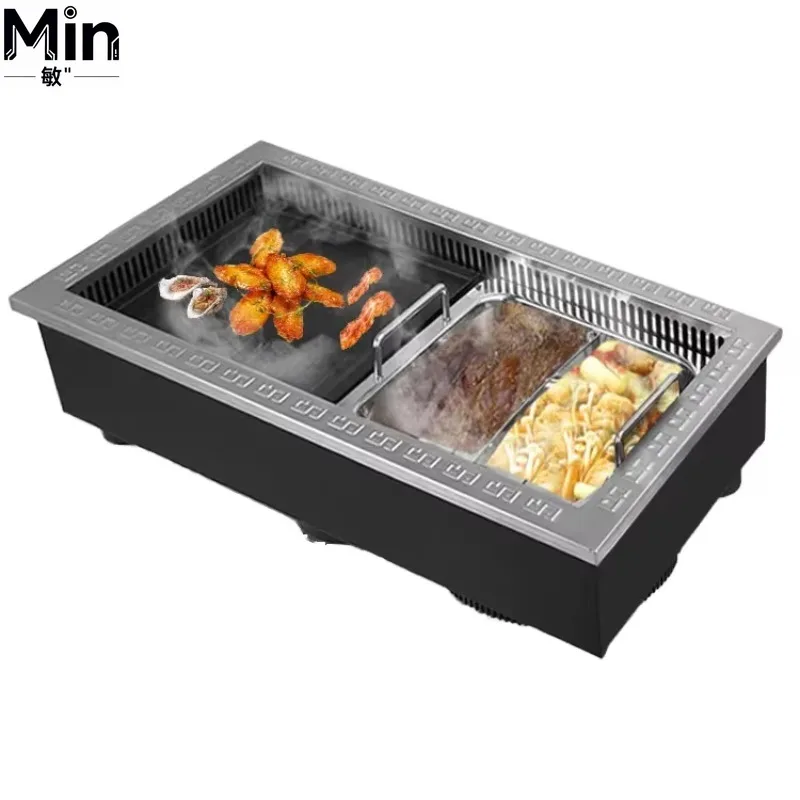 Square Integrated Korean BBQ Grill and Hot Pot Mandarin Duck Design Stainless Steel Indoor Griddle