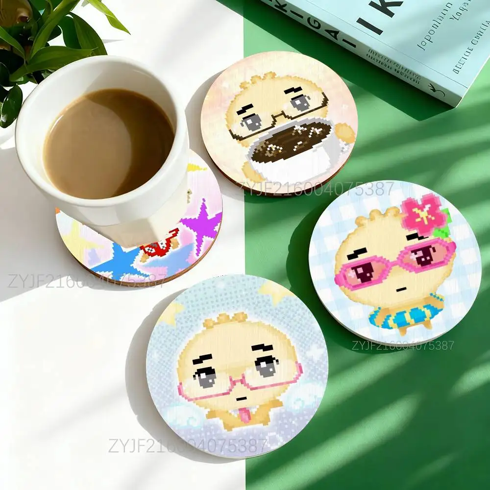 

G-Glasses Dumpling Cute Y2K Pattern Art Coasters Round Wooden Heat Resistant Non-Slip Home Decor Gift Multifunctional