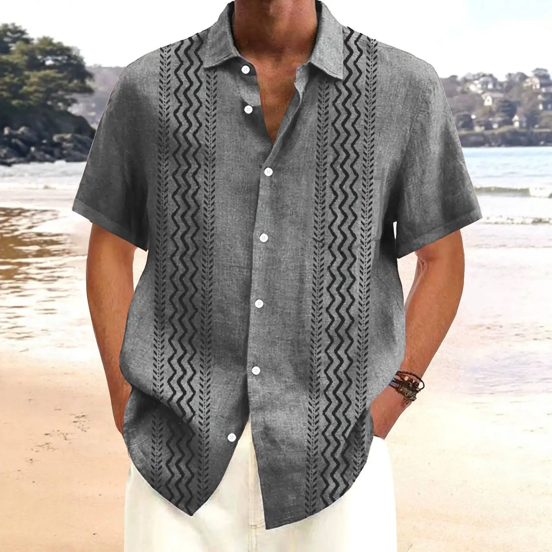 Men's Button Printed Short Sleeve Shirt Casual Street Style Polyester Fiber Plain Color Summer Fashion Top Quality Polyester ...