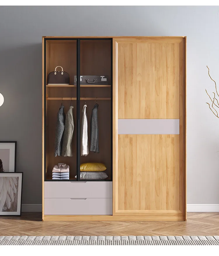 DSA solid wood sliding wardrobe sliding door hanging rod storage glass small apartment and bedroom layered partitions