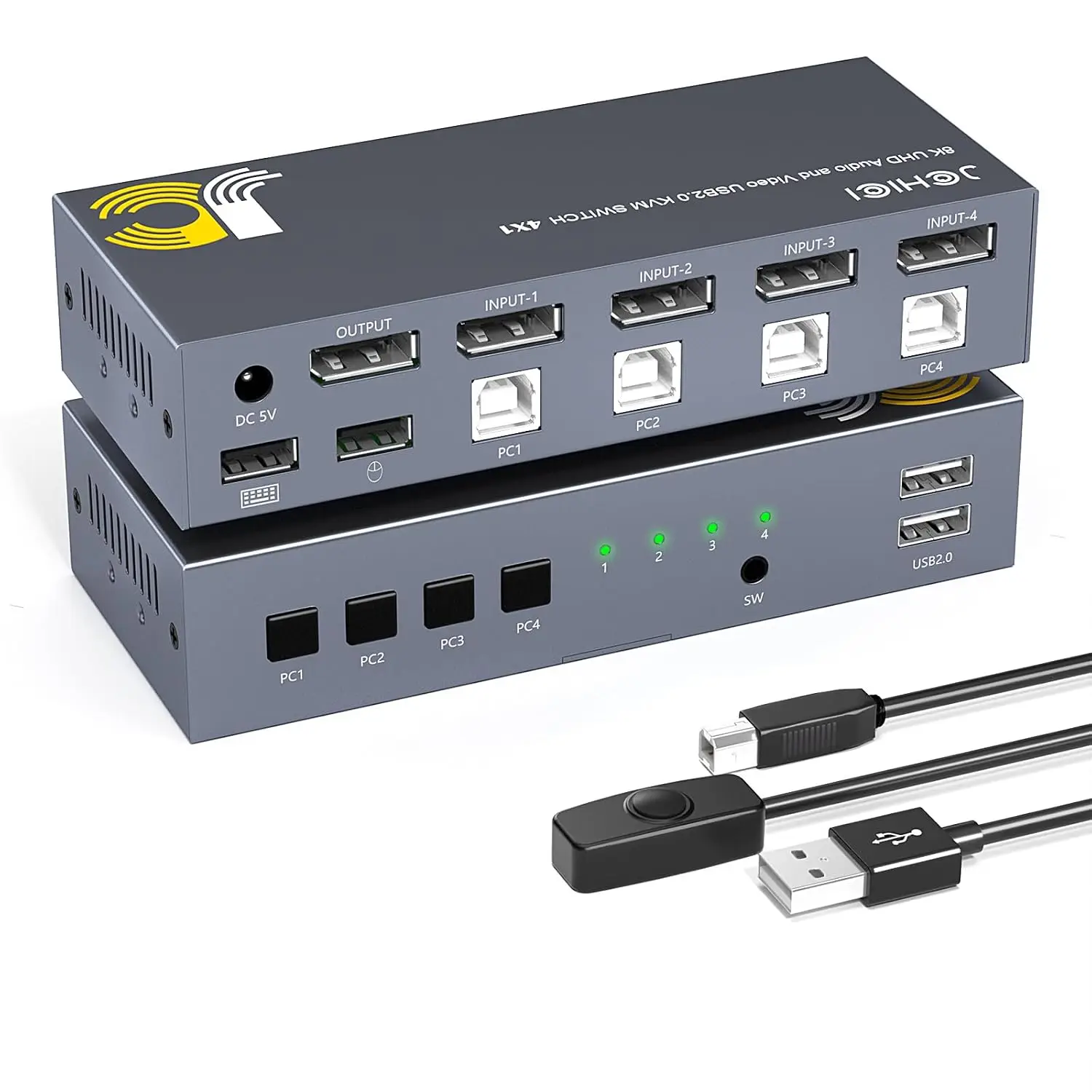 8K DisplayPort KVM Switch 4x1 - with Wired Remote | 4 PCs share 1 monitor & USB keyboard/mouse. 4 USB cables included. Plug