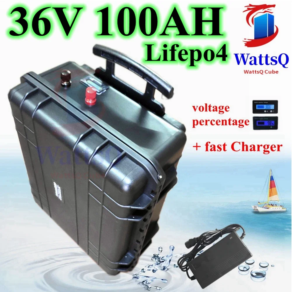 waterproof 36V 100AH Lifepo4 lithium battery BMS 12S with wheel trolley case for 4300W 3500w scooter bike boat +10A Charge