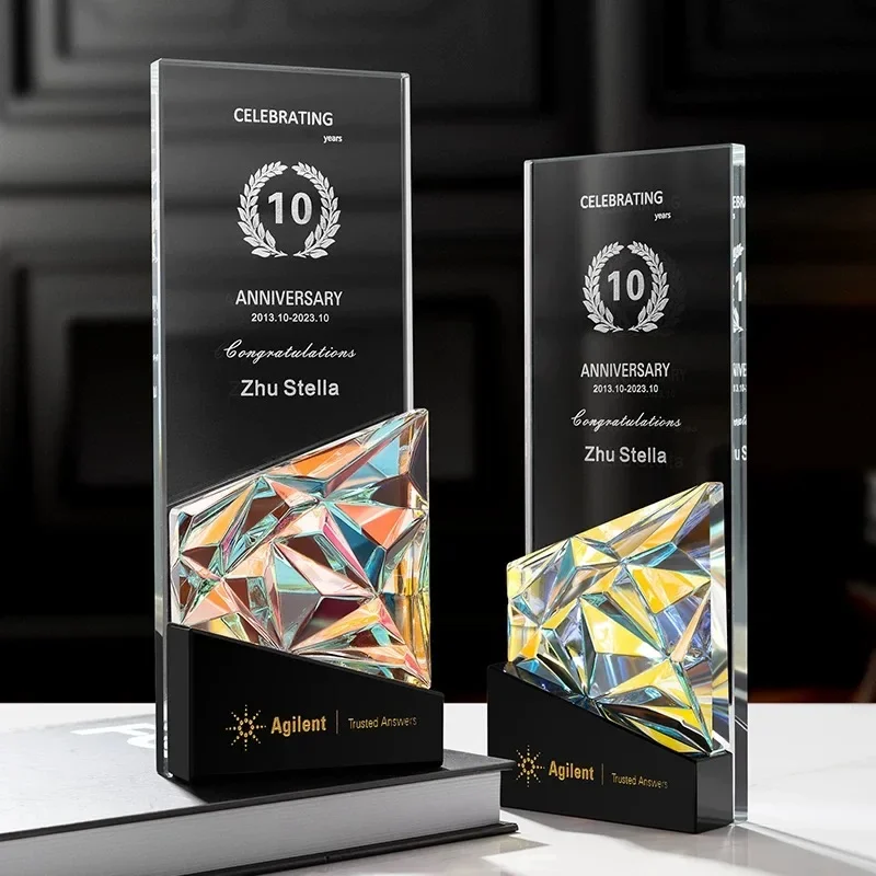 Custom Crystal Trophy with Colorful Base Personalized Engraving Logo Text Glass Awards Corporate Recognition Prize Business Gift