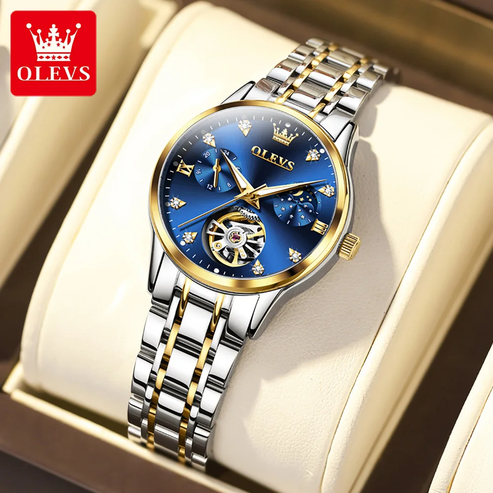 

OLEVS Brand Luxury Tourbillon Mechanical Watch for Women Stainless Steel Strap Waterproof Moon Phase Fashion Blue Womens Watches