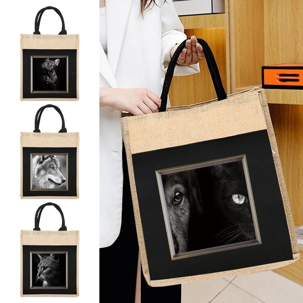 

Black Shopping Bag Animal Series Printing Pattern Environmentally Friendly Linen Shoulder Bags Jute Imitation Linen Bag