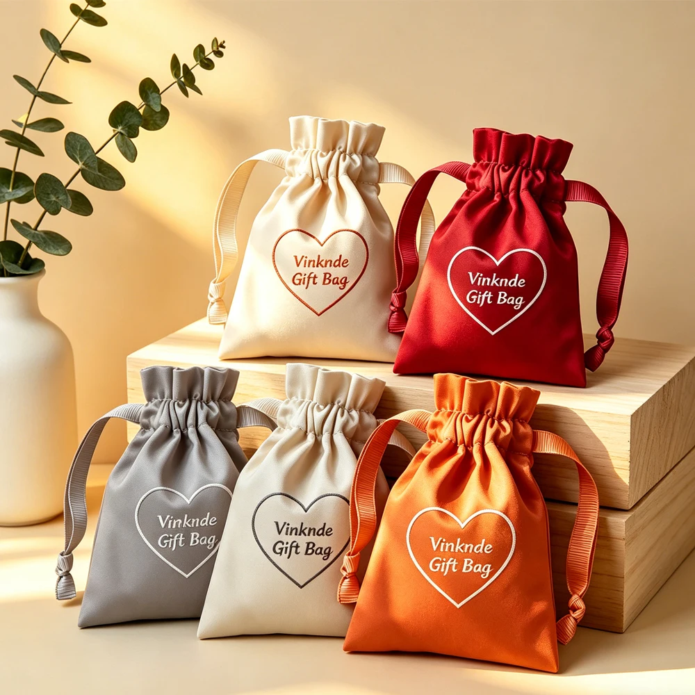 50/100Pcs Custom Logo Beige Silk Jewelry Gift Bag Satin Drawstring Earring Ring Keychain Packaging Organizer Pouch Wedding Gift