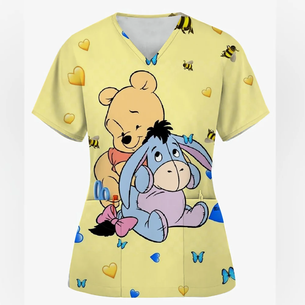 

2025 топы-скрабы на Пасху, женские футболки с v-образным вырезом Disney Winnie The Pooh, рабочие футболки для медсестер, блузка, медицинская форма с карманами
