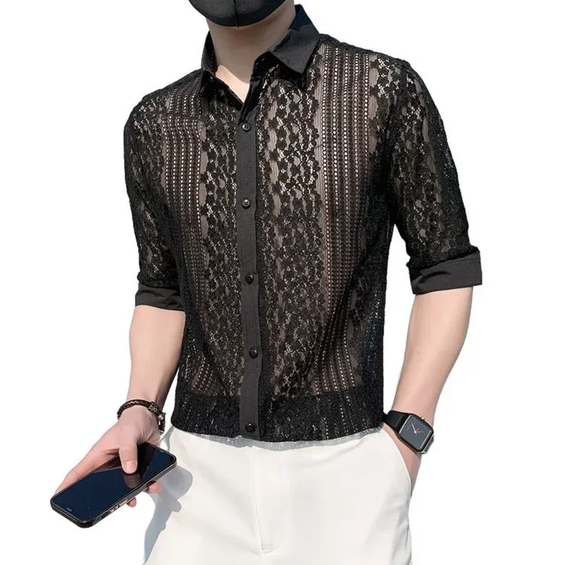 Mid-sleeve Shirt Lace Hollow Spring and Summer Dress Personality Handsome Net Red Fashion Elastic Shirts for Men