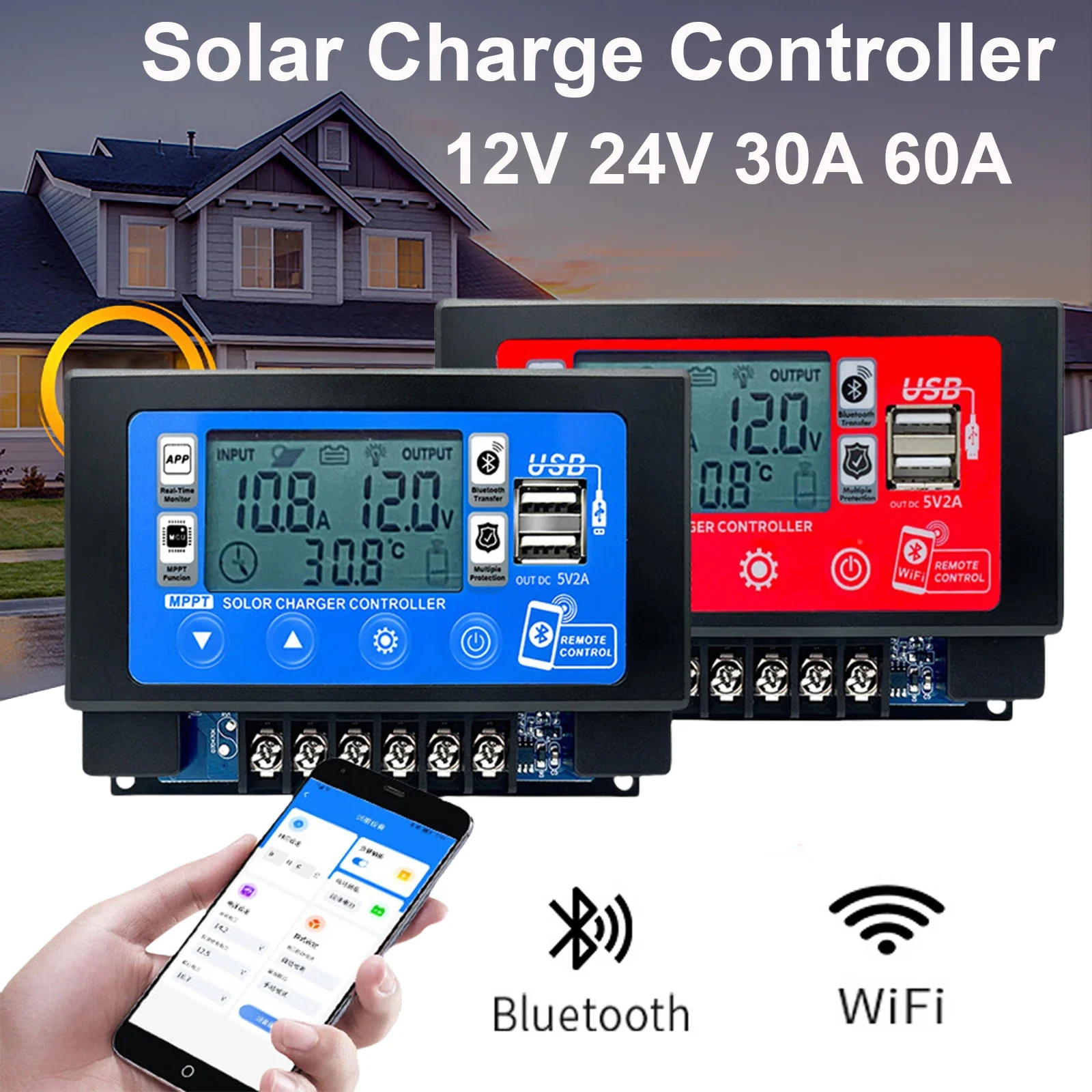 12V 24V 30A 60A Bluetooth Wifi Solar Charge Controller Embedded Snap-on Dual USB LCD Auto Cell MPPT Panel Charger Regulator