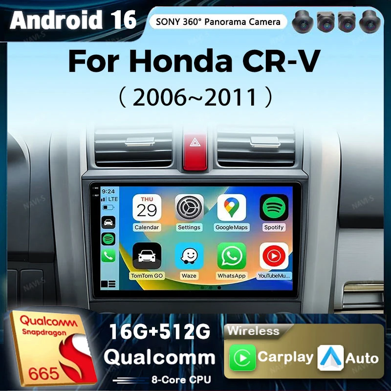 Rádio Automotivo Android 16 Carplay para Honda CR-V 3 RE CRV 2007 - 2011 Reprodutor Multimídia de Vídeo Navegação GPS Estéreo 2Din DVD WIFI