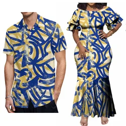 2024 Luxe Design Fishtail Maxi Jurk Mode Festival Gala Damesjurk Polynesisch Samoa Aangepaste Heren Shirt Paar Set