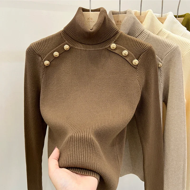 Wool Blend Luxury Turtleneck Women's Sweater Army Green Warm Winter Padder Shoulder Casual Knitted Tops